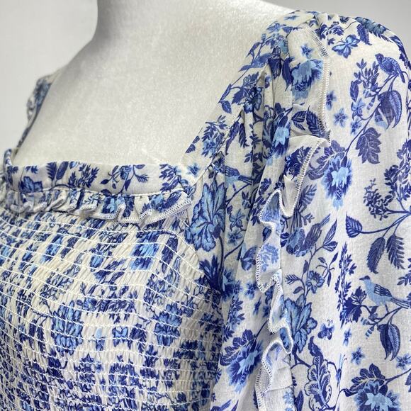 Super Natural Secret Mission Floral Chiffon Smocked Greenport Dress Blue Sz M - Picture 5 of 13